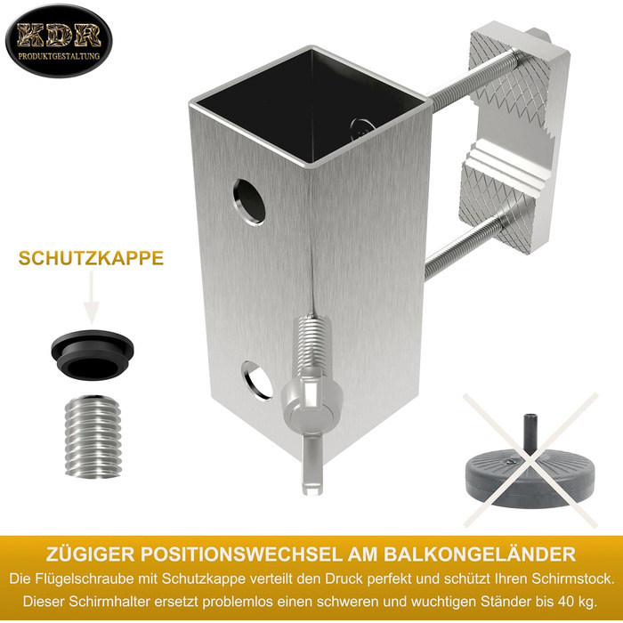 Stainless steel umbrella holder for balcony railings, round and square. Umbrella bracket suitable for umbrellas up to 270 cm. Balcony umbrella stand, stable square bracket, secure attachment to the railing.