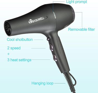 Фен Basuwell Ionen Pro 2100W: Професійний фен для салону краси з іонізацією, 3 режими нагріву, 2 швидкості, насадка-дифузор, AC-двигун, чорний