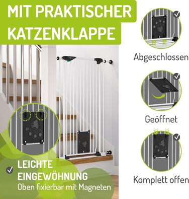 Захист для воріт BOMI Mira | Сітка для воріт з люком для котів | Ідеальний захист для собак, котів та цуценят | Металева сітка для воріт у квартиру, білий колір | Ширина: 73-83 см