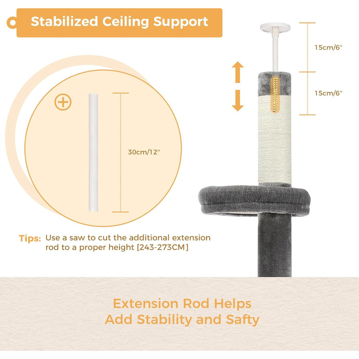 Комплекс для котів PAWZ Road, 5-ярусний, від підлоги до стелі, регульована висота, багатофункціональний: кігтеточка, ліжко, іграшка-кулька (сірий)