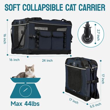 Складана переноска для котів 61 см з колесами - велика переноска для котів та маленьких собак, дихаюча та стійка для подорожей на авто (до 20 кг), морська синя
