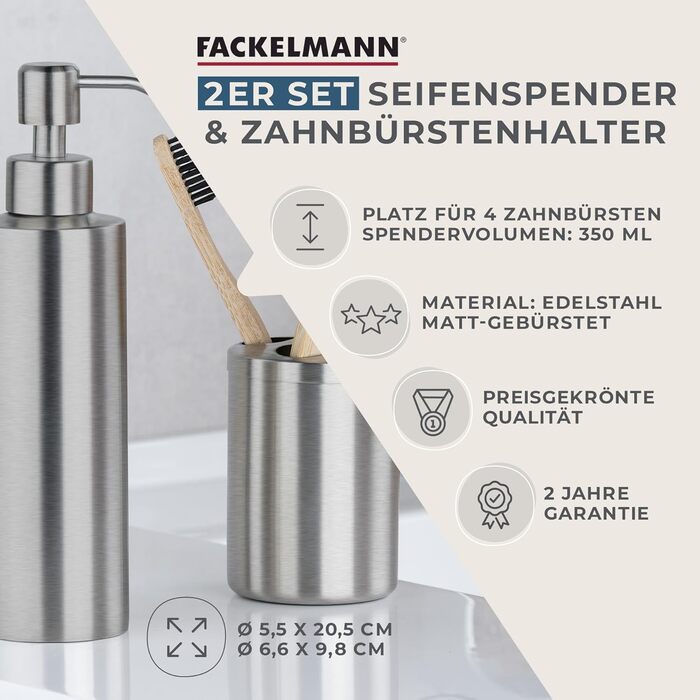 Fackelmann Soap Dispenser & Toothbrush Holder Tecno, dispenser for liquid soap made of high-quality stainless steel, holder for 4 toothbrushes, high-quality toothbrush holder (color: matte silver), quantity: 1 x 2-piece set