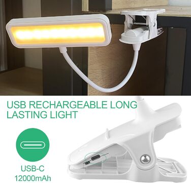 LED-лампа для читання на прищіпці, USB-зарядка, 3 режими кольору, регулювання яскравості, захист очей, 360° гнучка, для читання в ліжку, офісі, в подорожах