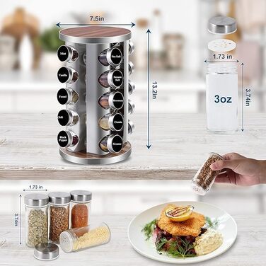 Spice Rack with 20 Spice Jars, 360° Rotatable, Stainless Steel Spice Carousel (430) with Sieve Lids, Standing Spice Rack - Includes Labels, Pen & Funnel - Wood-Look, Food-Safe, Dustproof