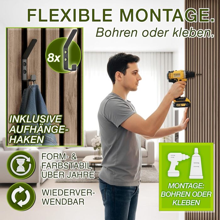 Акустичні панелі TRESKO з дерева 120×60x2,1 см, 3D ламельна стіна для шумоізоляції з вішалками для одягу, дуб натуральний (4 шт.)