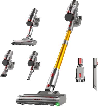 Акумуляторний пилосос Hearten 4-в-1 з LED дисплеєм та антизаплутувальною щіткою, керування одним дотиком, бездротовий пилосос з LED-підсвічуванням для шерсті тварин/килимів/твердих поверхонь (жовтий)