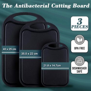 Набір з 3 дерев'яних обробних дощок Hunnycook: велика, середня, маленька, з жолобками для соку, антибактеріальні, чорні, BPA-free, для миття в посудомийній машині