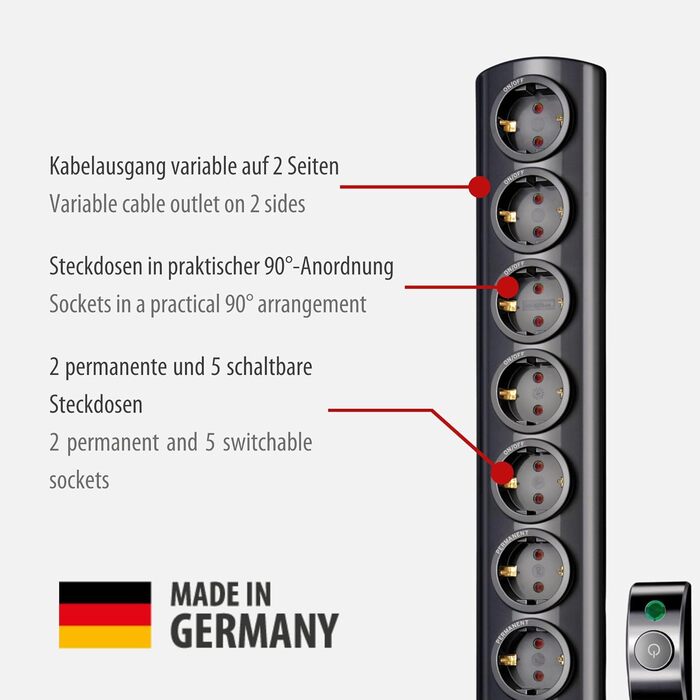 Бренненштуль Primera-Tec Comfort Switch Plus мережевий фільтр 7-портовий з захистом від перенапруги (2м кабель, вимикач та RJ-11), чорний, з ручним/ножним вимикачем