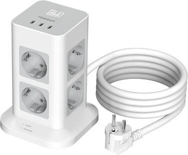 Блок розеток TESSAN з захистом від перенапруги, 3600W, 16A, 8 розеток, 3 USB-C, 2M, сірий