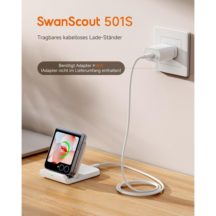 Бездротова зарядка SwanScout для Samsung Galaxy Z Flip 7/7 FE, 6/5/4/3 та Moto Razr 60/50/40 (Ultra), SwanScout 501S (біла)