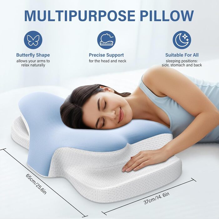 Подушка для шиї Ehomfory з ефектом пам'яті, дихаюча, ергономічна, для сну на боці, спині та животі (Блакитна)