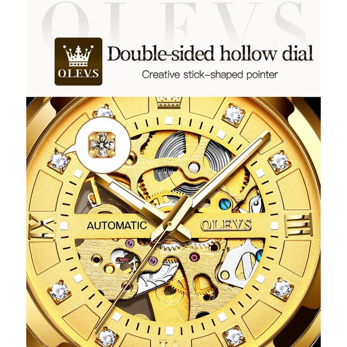 Чоловічий золотий скелетон-годинник OLEVS: автоматичний механічний, водонепроникний, зі сталі, люксовий класичний стиль (All Gold)