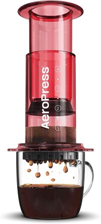 AeroPress Clear Coffee Press – 3-in-1 Coffee Machine combines French Press, Pour Over & Espresso – Full-bodied coffee without bitterness – Portable mini coffee machine for travel, Transparent (Standard, Red)