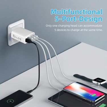 Мережевий адаптер AXFEE 65W 5 портів USB C з USB-A, швидка зарядка PD 3.0 для iPhone 14 Pro Max 13