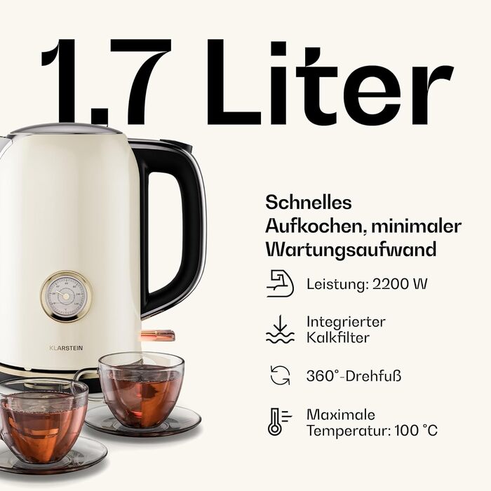 Набір тостер та чайник Klarstein Victoria, ретро дизайн, 2-х слайковий тостер з 7 рівнями підсмажування, чайник 1.7л з фільтром від накипу, набір для сніданку, кремовий