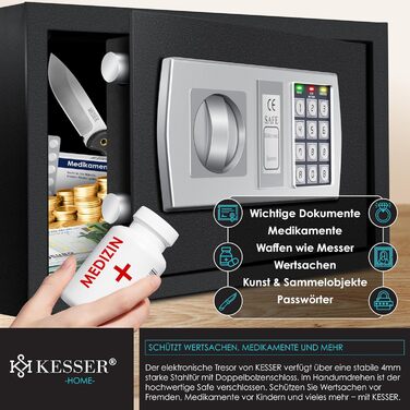 Електронний сейф KESSER® настінний, 31x20x20 см, з подвійним замком, внутрішнім освітленням, чорний (L)