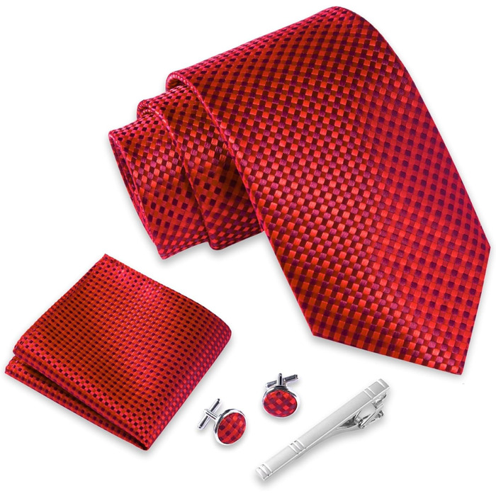 Набір краваток Massi Morino для чоловіків (краватка, нагрудна хустинка, краватнова голка, запонки, подарункова коробка) - червоний у клітинку, для весілля
