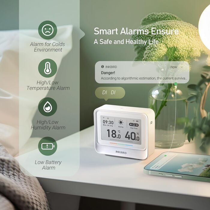INKBIRD IBS-TH5-WIFI Thermometer, Hygrometer, 8-in-1, WiFi Thermometer, Hygrometer with Electronic Ink Display, Real-Time Weather and Forecast, App Control, Notification Alarm for Home,