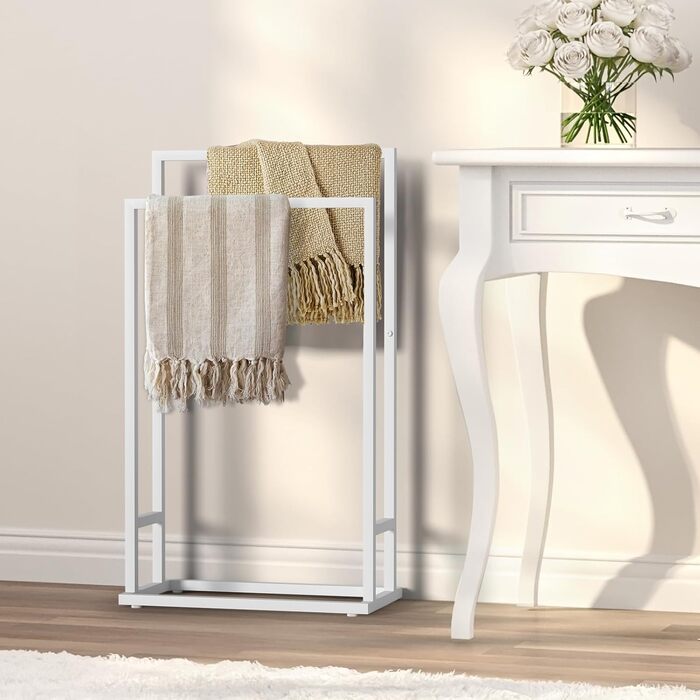 Підставка для рушників на підлозі, металева, з 2 перекладинами, для ванної кімнати, стабільна, економна, індустріальний стиль (білий)