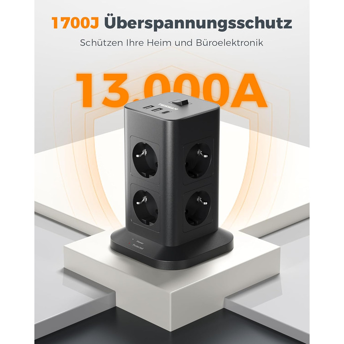 Блок розеток TESSAN із захистом від перенапруги 3600W 16A, 8 розеток + USB-C, подовжувач 2м, сірий, 1 USB-C (сірий&білий)