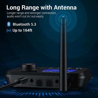 Bluetooth 5.0 Аудіоадаптер 3-в-1: Передавач, приймач, обхідник з низькою затримкою. Підтримка 2 навушників. AUX, Оптичний, RCA для TV, стереосистеми, ПК (Чорний)