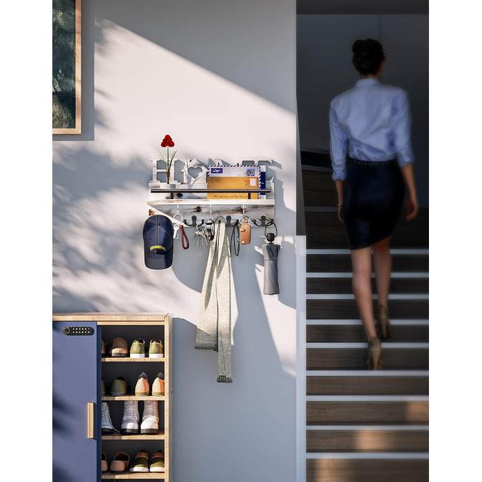 Дерев'яний органайзер для ключів з полицею на стіну - 7 гачків, Rustic дизайн (білий)