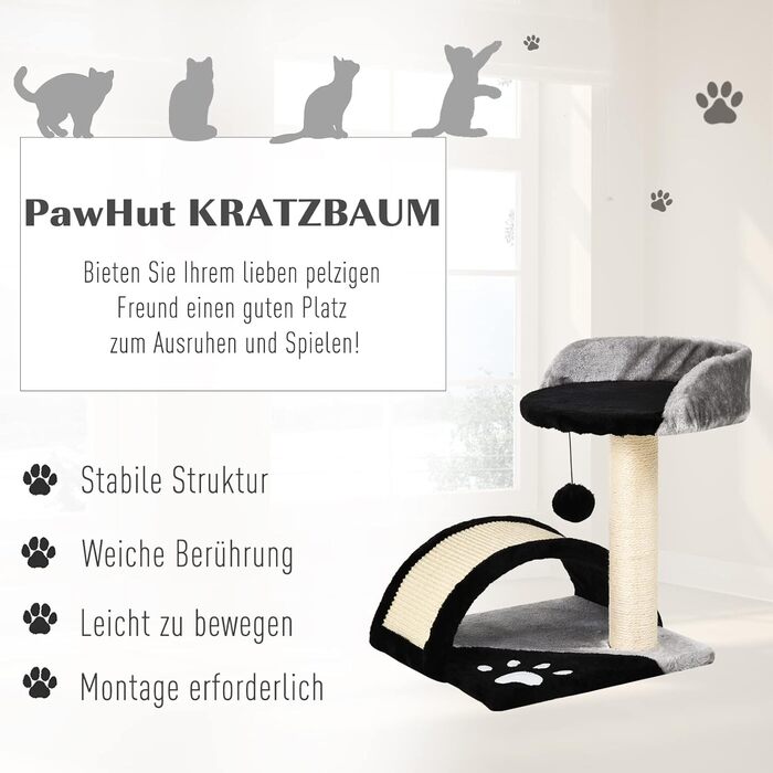 Кігтеточка для котів PawHut - кігтеточка-стійка з мотузкою з сизалю, іграшками, чорна, 35,5 x 37 x 46 см
