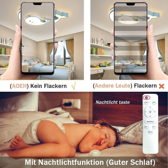 LED Ceiling Lamp Dolphin Shape Dimmable with Remote Control Boy Girl Baby Kids Children's Room Lamps Ceiling Children's Room Bedroom Lamp Room Lighting Chandelier, White, 50cm (White)