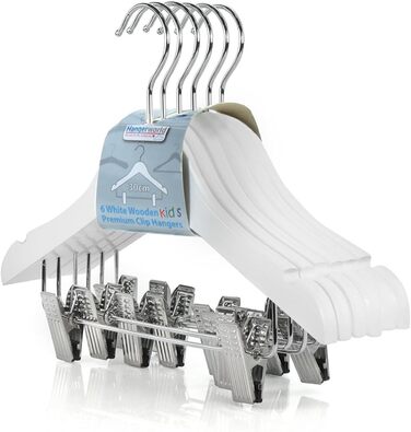 Дерев'яні вішалки для дитячого одягу Hangerworld з кліпсами (30см, білі) - 6 шт.