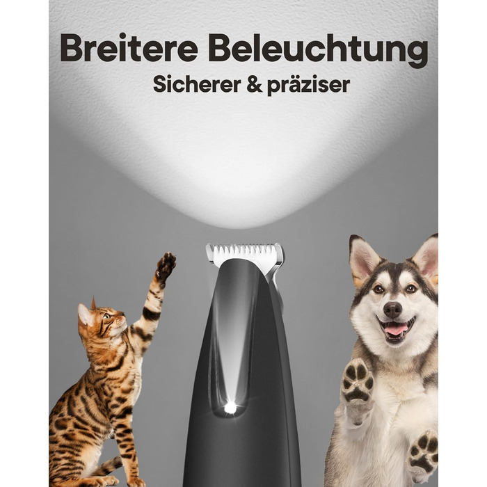 Триммер для собак та котів Pfotentrimmer з LED-підсвічуванням, 18 мм, тихий (35 дБ), вологостійкий, акумуляторний, для догляду за лапами, вухами, обличчям та хвостом (Чорний)