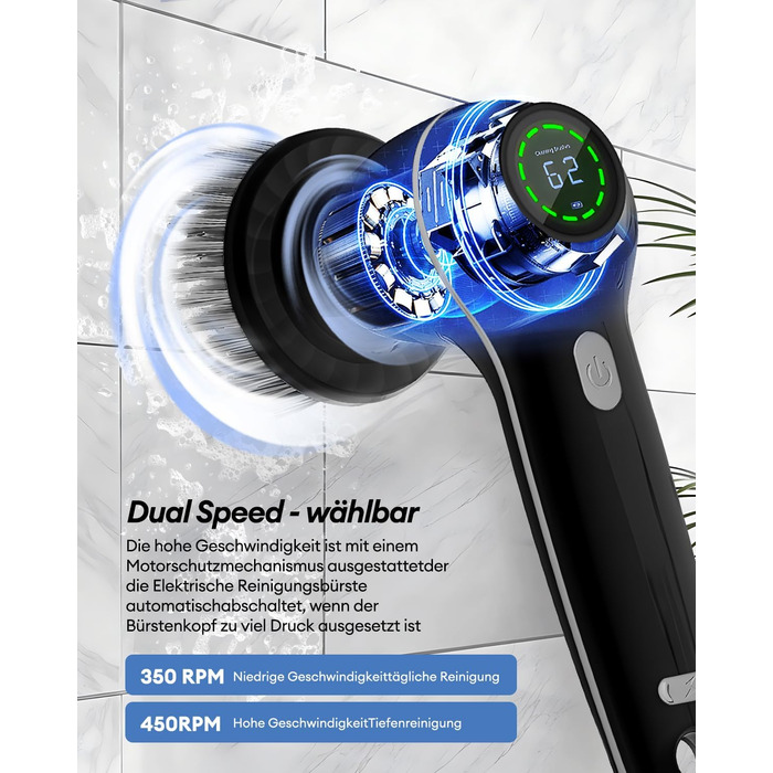 CkeyiN Electric Cleaning Brush, Cordless Grout Cleaner with 7 Replaceable Brush Heads for Bathroom, Car, and Kitchen, Handheld Power Spin Scrubber Grout Brush With LED Display, 2 Modes, Black