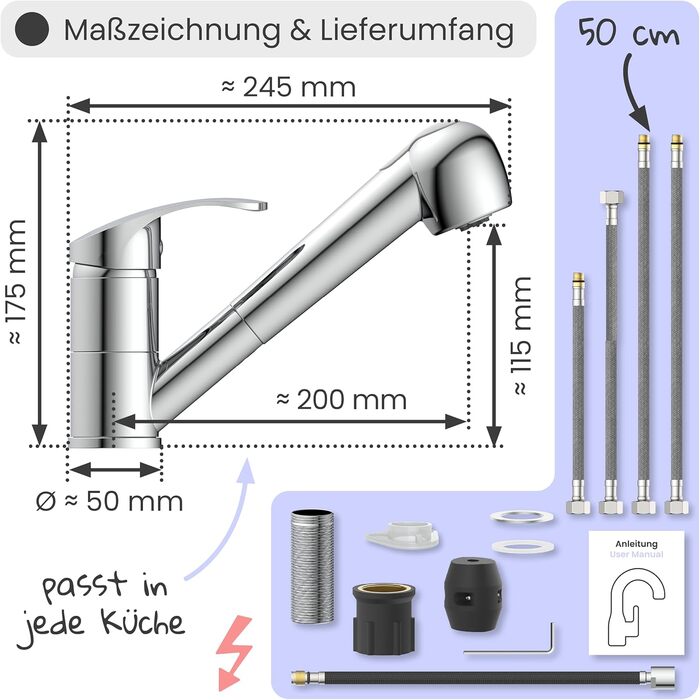 Кухонний змішувач Instmaier Elena з виливним гусаком та душовою насадкою | Хром | З витяжною системою | Змішувач для кухні з 2 режимами струменя | Однорідний змішувач з поворотним виливом (низький тиск)