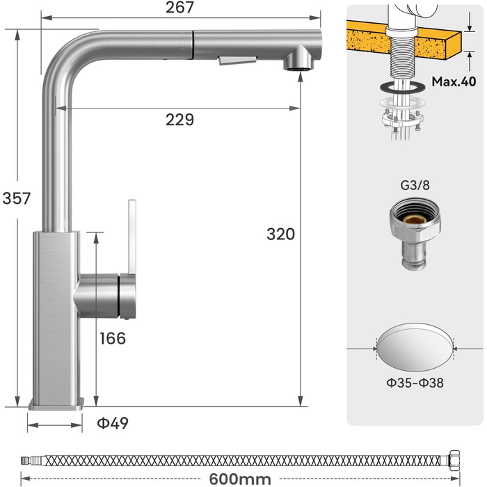 Кухонний змішувач CECIPA висувний з душем, нержавіюча сталь, 2 режими, поворот 360°, високий тиск, L-подібний, для кухні