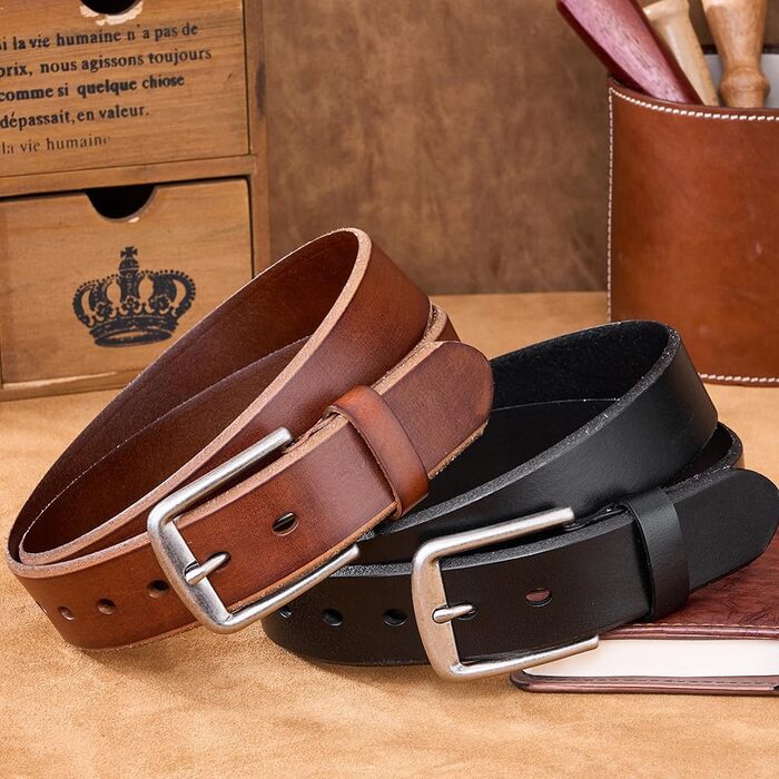 Чоловічий шкіряний ремінь: класичний джинсовий ремінь для чоловіків | З подарунковою коробкою | Ширина 38 мм | Колір: коричневий