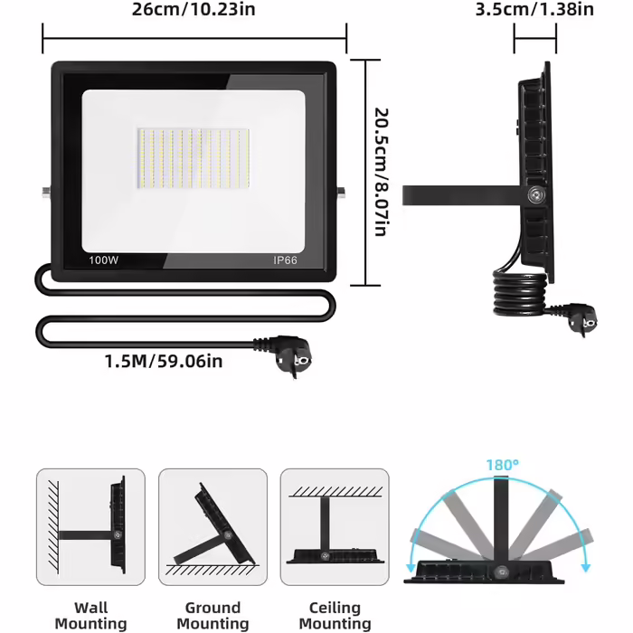 LED Flood Light Outdoor with Plug 100W, 3000K/4500K/6500K Dimmable LED Spotlight, 10000LM Super Bright LED Floodlight, IP66 Waterproof LED Spotlight Outdoor Floodlight for Yard Garden Sports Field