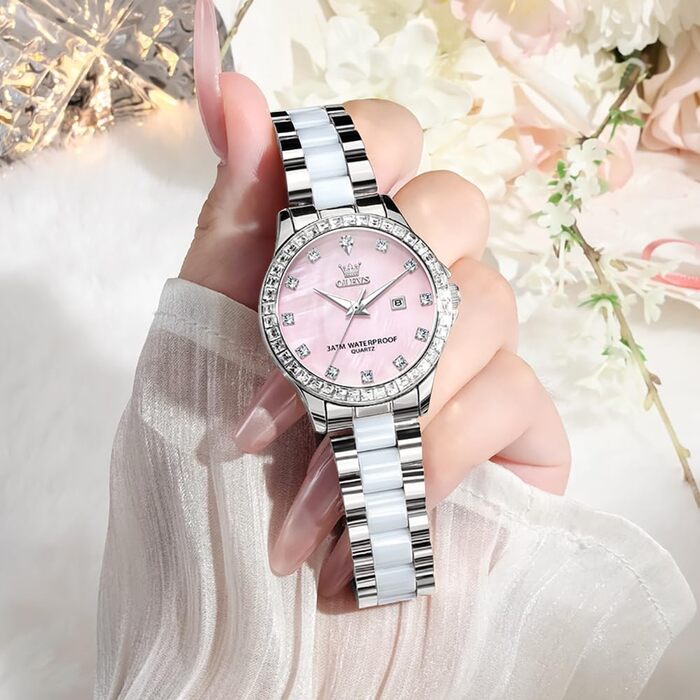 Годинник жіночий OLEVS з діамантами, елегантний, розкішний, на зап'ястя, з рожевого золота, з керамічним склом (3651 Blau Pulver)