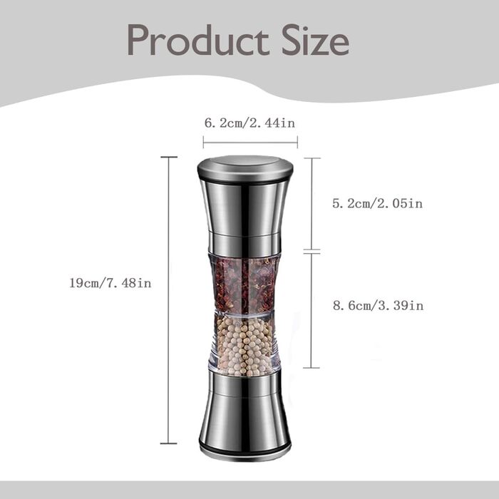 Мельниця для солі та перцю 2-в-1, ручна з регулюванням, з керамічним жорном, нержавіюча сталь