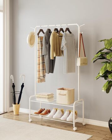 Clothes rack with 2-tier shelf, 3-in-1 design, clothes stand with 4 wheels, coat rack with 4 hooks for bags, GR07499A (White)
