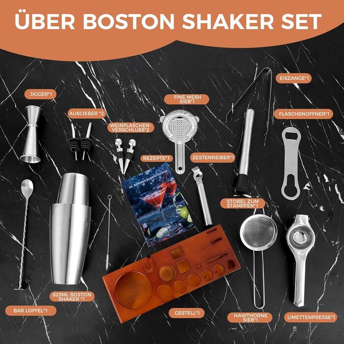 Набір для коктейлів Sosayet, нержавіюча сталь, з аксесуарами та рецептами, 750 мл, для початківців та професіоналів, подарунок для чоловіків (з підставкою)