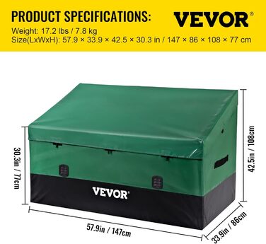 VEVOR Зовнішня коробка для зберігання 147x86x108 см, водонепроникна PE, садова скриня для подушок, для басейнів, дворів, гаражів, зелено-чорна
