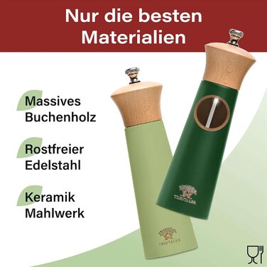 Plastic-Free Salt and Pepper Grinder Set with Coaster | Spice Grinder Set Made of Solid Wood with Stepless Stainless Steel Mechanism and Ceramic Grinder | Green