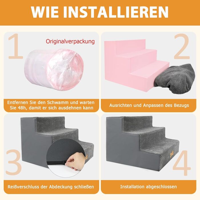 Non-slip Dog Stairs for Small Dogs 3-Step, Dog Stairs Dog Ramp for Bed and Sofa made of High-Density Sponge, Pet Stairs with Removable, Washable Cover and Non-Slip Bottom, 45x40x34cm