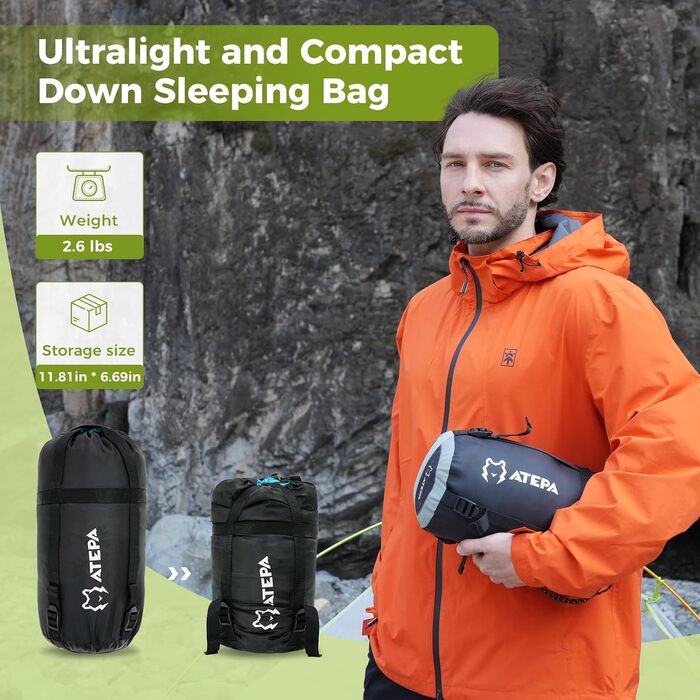 Спальний мішок ATEPA Down Ultralight 650 FP, 3-сезонний, -18°C, чорний. З компресійним мішком, як ковдра