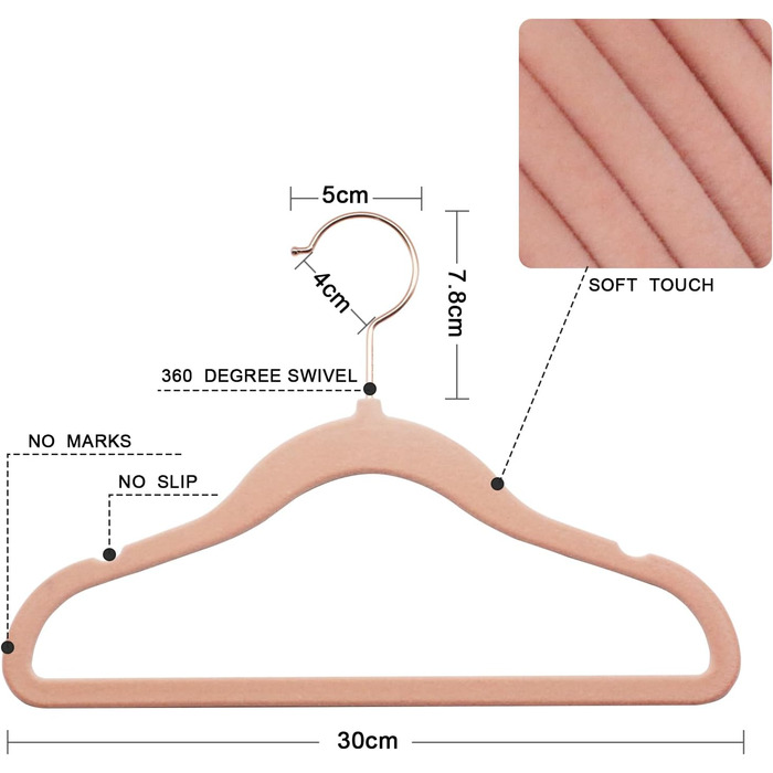50 дитячих вішалок для одягу з оксамиту, вішалки для немовлят з поворотним гачком 360°, неслизькі та міцні з тримачем для краваток, 30B x 20,5H см, рожеві, AFY0350P