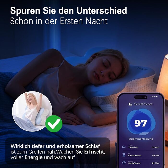 Ергономічна подушка для шиї та голови VYLEE з ефектом пам'яті (Memory Foam), подушка-метелик з двома рівнями висоти (10,5/12,5 см) для сну на боці, спині та животі, синя