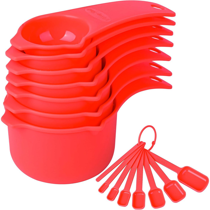 Set of measuring cups and spoons, 15 pieces, plastic measuring cups, 7 plastic measuring cups, 7 plastic measuring spoons with leveler, cute measuring cups for baking and kitchen