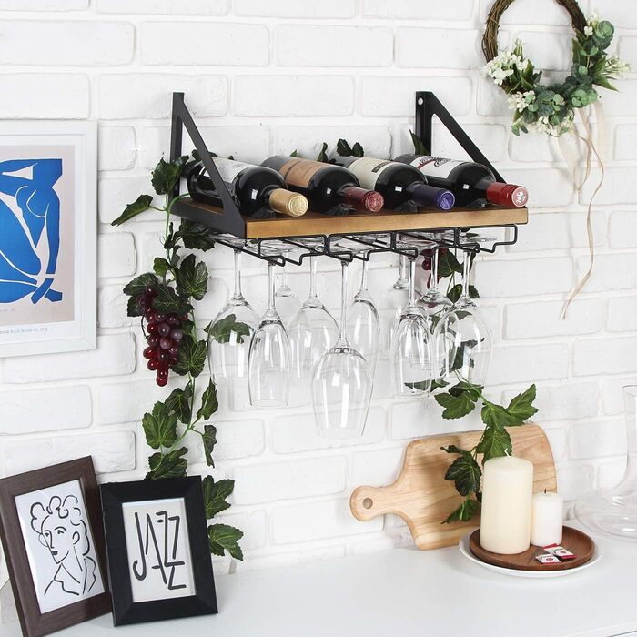 Стильна полиця для вина Jackcube MK478A з дерева в рустикальному стилі, настінна, з 4 металевими тримачами для келихів, декор для кухні, органайзер для зберігання