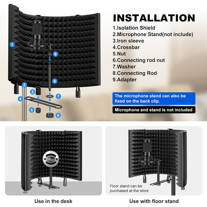 Акустичний ізоляційний екран для мікрофона AOKEO AO-504, поп-фільтр та звукопоглинаючий щит (регульований)
