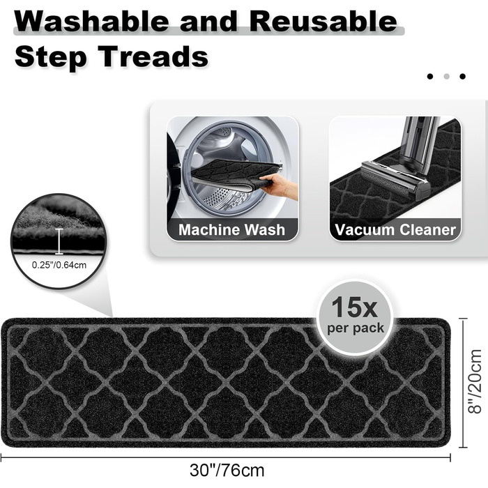 15 килимків на сходи 76x20 см, антиковзаючі, самоклеючі, машинного прання, з TPR-гумовою основою для дітей, літніх людей та собак