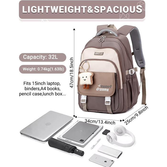 Дитячий рюкзак для дівчаток 2-10 класів, 32L | Легкий, з дихаючою спинкою та м'якими лямками | Рюкзак у школу для підлітків 8+ років (Хакі)